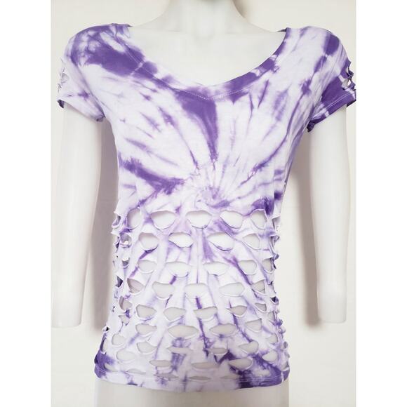 PURPLE WONDER - MEDIUM - White and Purple Tie Dyed Loose Fit V-Neck Top and Cuts - Picture 1 of 6